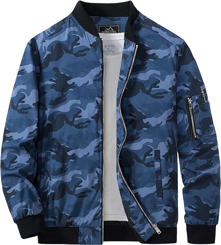 Men's Blue Camo Windproof Long Sleeve Zip Up Bomber Jacket