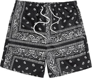 Men's Casual Drawstring Navy Blue Bandana Paisley Print Shorts