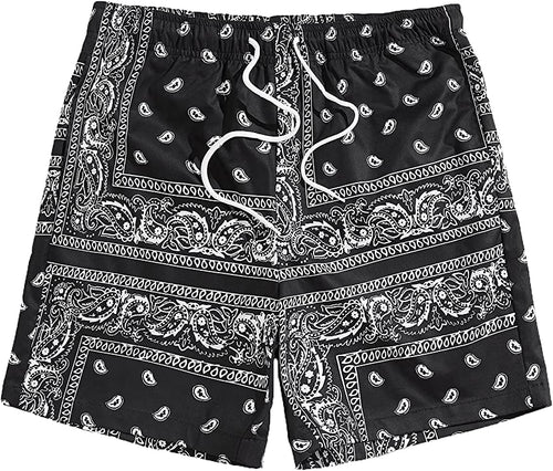 Men's Casual Drawstring Black Bandana Paisley Print Shorts