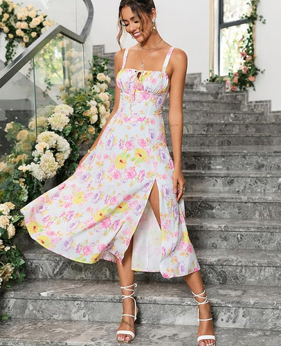 Katelyn Ruched Pink Floral Sleeveless Midi Dress