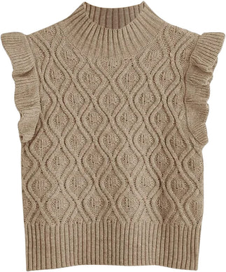 Khaki Ruffle Casual Mock Neck Sweater Vest