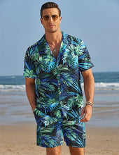 Load image into Gallery viewer, Men&#39;s Black/White Print Summer Button Up Shorts &amp; Shirt Set