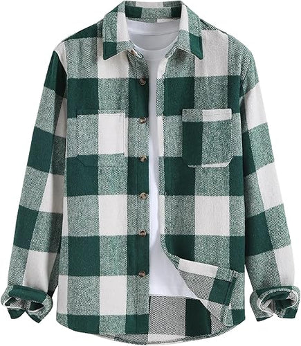 Men's Plaid Button Flannel Deep Green Long Sleeve Shacket