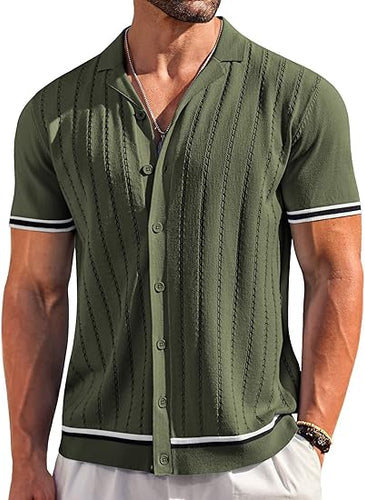 Men's Knitted Button Down Green Short Sleeve Shirt