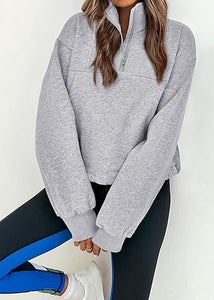 Light Grey Zip Front Long Sleeve Drawstring Pull Over Sweater