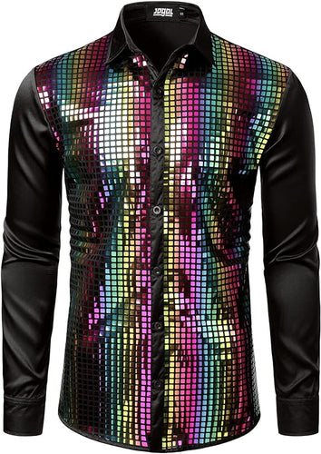 Men's Black Striped Multi Color Metallic Long Sleeve Shiny Disco Shirt