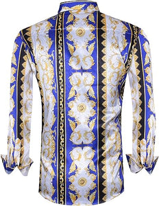 Men's Fashion Luxury Printed Blue Floral Long Sleeve Shirt