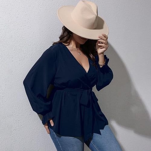 Plus Size Black Long Sleeve Peplum Wrap Top