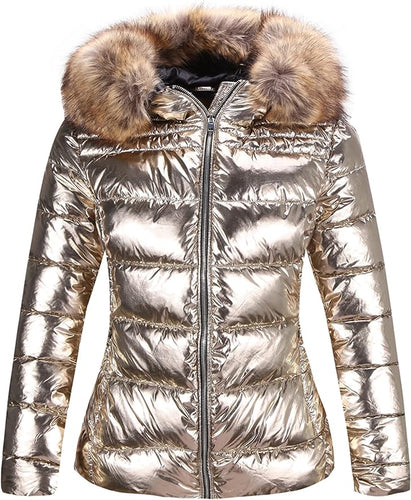 Metallic Gold Faux Fur Hooded Long Sleeve Puffer Coat