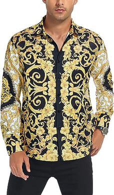 Men's Luxury Printed Gold/Black Long Sleeve Dress Shirt