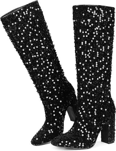 Black Rhinestone Sequin Square Toe Mid Calf Boots