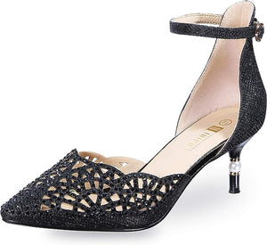Black Glitter Candice Close Toe Stiletto Ankle Strap Heels