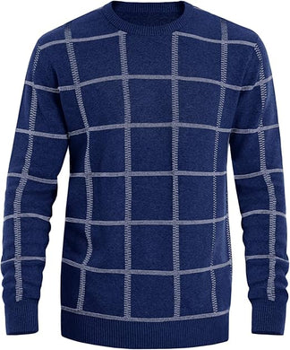 Men's Knitted Checkered Long Sleeve Blue Sweater