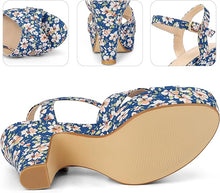 Load image into Gallery viewer, Blue Floral Platform Heel Sling Back Sandals