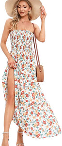 Boho Beach Strapless Floral Coral Maxi Dress