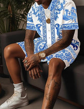 Load image into Gallery viewer, Men&#39;s Luxury Printed Gold/White Striped Shirt &amp; Shorts Set