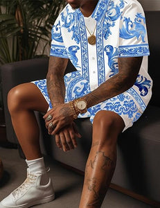 Men's Luxury Printed Gold/White Striped Shirt & Shorts Set