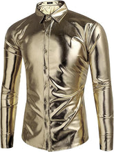 Load image into Gallery viewer, Men&#39;s Designer Style Metallic Shiny Light Gold Long Sleeve Shirt