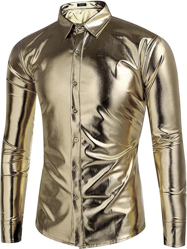 Men's Designer Style Metallic Shiny Light Gold Long Sleeve Shirt