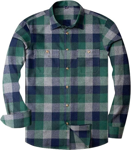 Men's Plaid Flannel Green/Grey Long Sleeve Button Down Casual Shirt