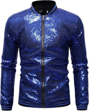 Load image into Gallery viewer, Men&#39;s Glitter Sequin Zip Up Blue Bomber Jacket