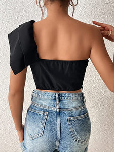 Black Ruffled One Shoulder Summer Crop Top