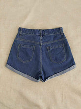 Load image into Gallery viewer, High Waist Dark Blue Sunflower Denim Shorts