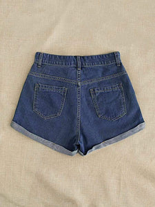 High Waist Dark Blue Sunflower Denim Shorts