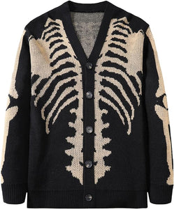 Men's Beige Skeleton Print Knit Button Cardigan Sweater