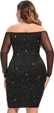 Load image into Gallery viewer, Plus Size Black Glitter Ruched Mesh Long Sleeve Mini Dress