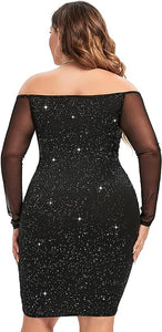 Plus Size Black Glitter Ruched Mesh Long Sleeve Mini Dress