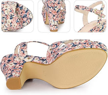 Load image into Gallery viewer, Blue Floral Platform Heel Sling Back Sandals