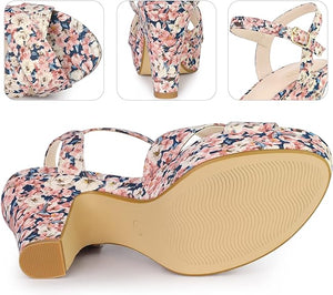 Blue Floral Platform Heel Sling Back Sandals