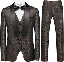 Load image into Gallery viewer, Men&#39;s Black/Bronze Tuxedo Shawl Collar Paisely 3pc Formal Suit