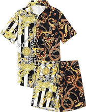 Load image into Gallery viewer, Men&#39;s Luxury Printed Gold/White Striped Shirt &amp; Shorts Set