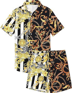 Men's Luxury Printed Gold/Black Floral Shirt & Shorts Set
