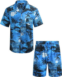 Men's Black/White Print Summer Button Up Shorts & Shirt Set