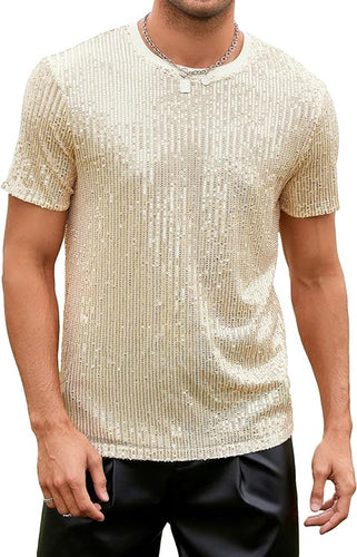 Men's Gold Mesh Crewneck Sequin Short Sleeve Shirt