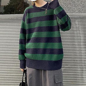 Striped Knit Loose Fit White/Black Long Sleeve Sweater