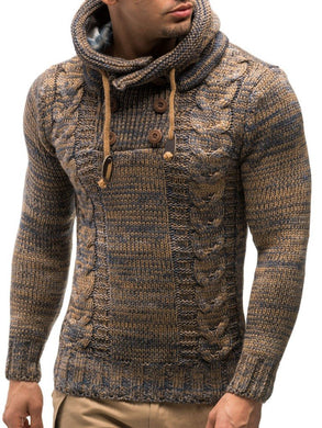 Brown Men's Hooded Cable Knit Long Sleeve Sweater