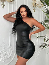 Load image into Gallery viewer, Black Faux Leather One Shoulder Mini Dress