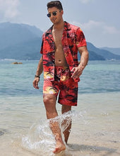 Load image into Gallery viewer, Men&#39;s Black/White Print Summer Button Up Shorts &amp; Shirt Set