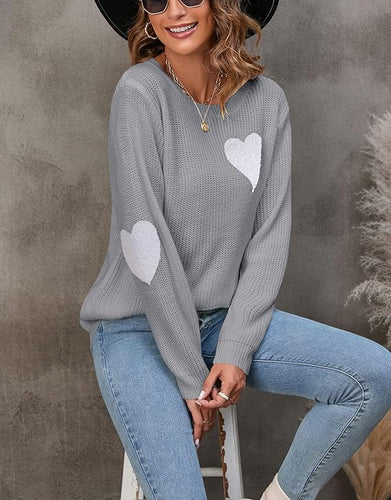 Light Grey Hearts Knit Long Sleeve Sweater Top