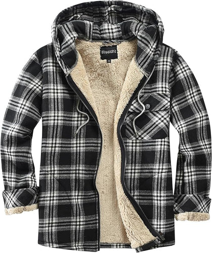 Men's Sherpa Black & White Plaid Hooded Long Sleeve Jacket