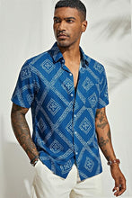 Load image into Gallery viewer, Men&#39;s Printed Button Up Short Sleeve Summer Royal Blue Shirt