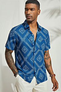 Men's Printed Button Up Short Sleeve Summer Royal Blue Shirt