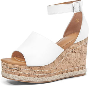 Summer White Ankle Strap Cork Sole Wedge Sandals