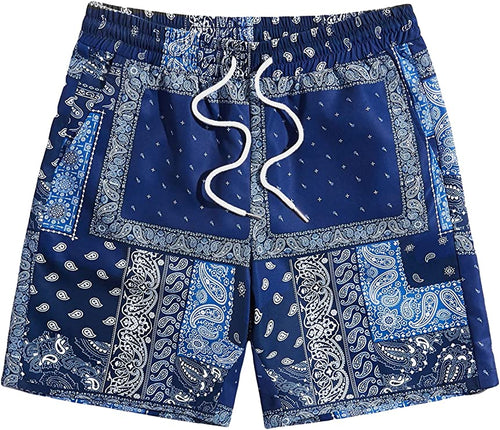 Men's Casual Drawstring Navy Blue Bandana Paisley Print Shorts