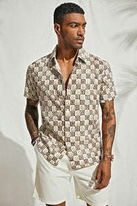 Men's Printed Button Up Short Sleeve Summer Brown Shirt