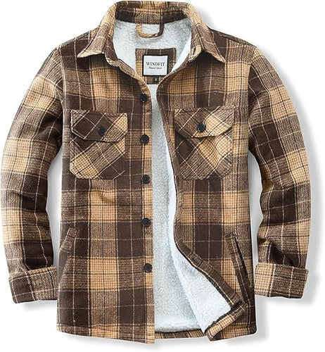 Men's Plaid Flannel Beige-Brown Long Sleeve Shacket